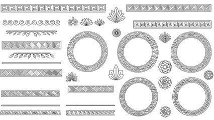 Collection of Greek Key Borders and Decorative Elements with Circles and Flowers Keywords: greek key, meander, border, pattern, ornament