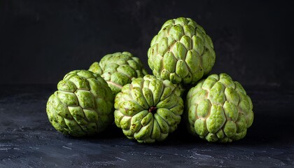Fototapeta premium Group of ripe custard apples arranged in a dark food photography style, creating a rich and natural tropical fruit composition.