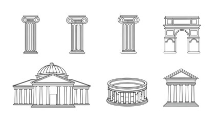 Set of Outline Illustrations of Classical Architectural Elements and Buildings architecture