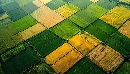 An aerial view of a vast landscape featuring varying shades of green and yellow.