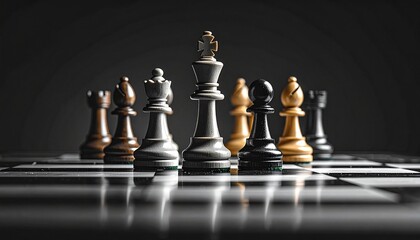 a group of chess pieces lined up on a reflective surface
