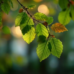 Backlit green beech leaves hang from a branch, with the sun shining through the translucent leaves creating a glowing effect against bokeh.