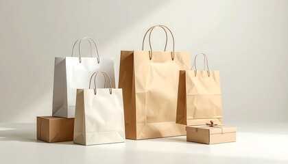 several paper bags and boxes arranged neatly on a plain surface