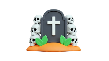 Cartoon Tombstone with Skulls and Green Leaves