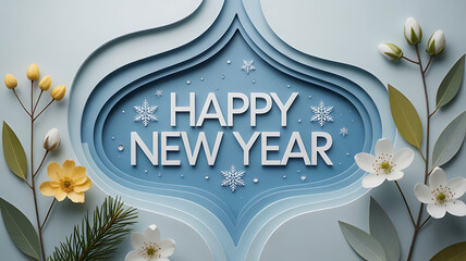 Happy New Year message with blue floral and snowflake blue background white text