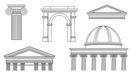 Classical Architecture Elements Ionic Column Arch Pediment and Dome Outline image