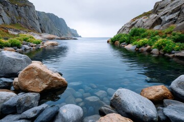 Fototapeta premium Clear fjord water flowing between rocky Lofoten cliffs