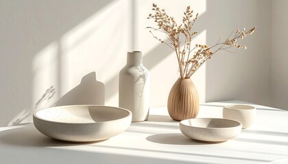 a table topped with bowls and a vase with dried plants