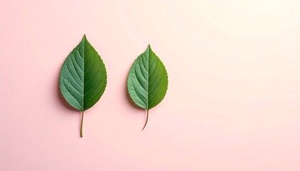 two green leaves on a plain pink background