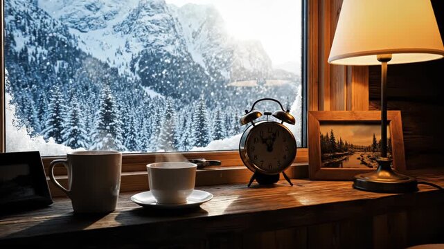 Cozy cabin interior with warm lighting and snowy mountain view through window