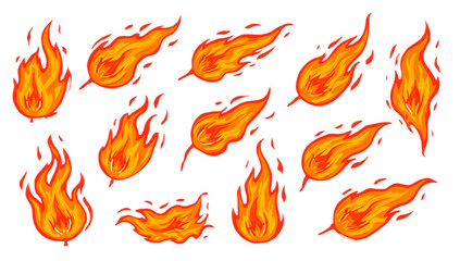 Collection of fiery leaf illustrations in vibrant orange and red hues on a white background