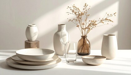 a table topped with bowls, vases, glasses, and a small plant
