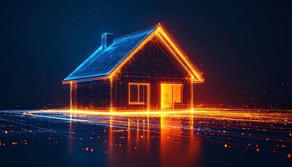 a vibrant, neon-lit house against a dark background