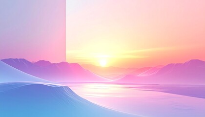 a vibrant sunset scene featuring mountains and waves in varying shades of blue and pink