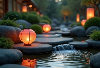 Intricate Zen Garden Water Feature Tranquil Scenery Harmonizing Elements Stone Pathway Koi Pond
