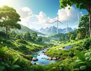 a beautiful landscape featuring a river running through lush green fields, surrounded by flowers and windmills.