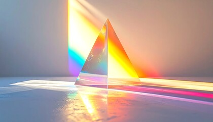 a rainbow-colored triangular structure floating on a reflective surface against a vibrant sunset background