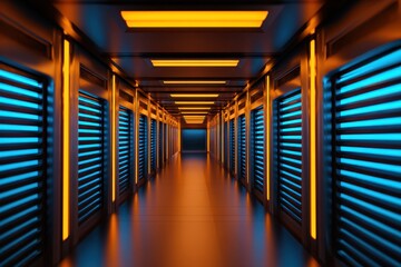 Neon-lit data corridor with blue server bays lining both sides, converging toward a distant vanishing point..