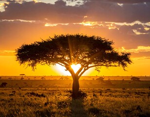Silhouette of an acacia tree against a bright sunrise horizon