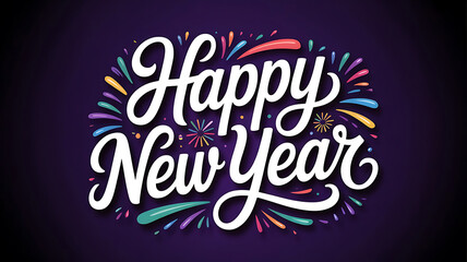 Obraz premium Happy New Year text with colorful fireworks on dark purple background celebration