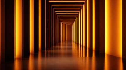 An orange neon-lit corridor with mirrored vertical pillars forming a warm symmetrical tunnel of glowing light