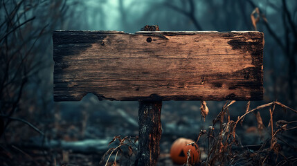 A weathered wooden sign in a spooky forest with a pumpkin nearby