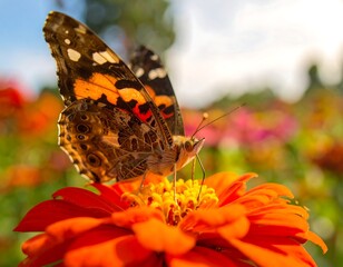 Obraz premium Close-up of a butterfly, orange flower, sunlight, and blurry background