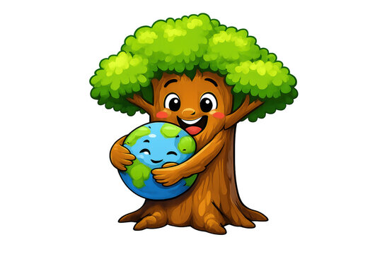 Cartoon tree character hugging earth globe, representing environmental protection, global sustainability, and nature conservation