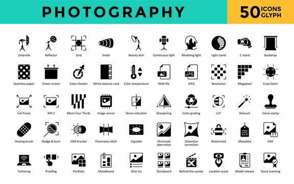 Photography icons set with location scout, model release, stock licensing, beauty dish, continuous light, modeling light, light stand, c stand, backdrop icon. Simple glyph vector 
