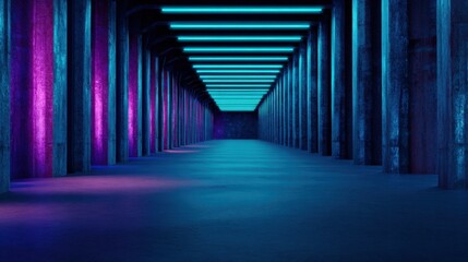 Neonblue tunnel bathed in purple light, lined with pillars and a receding ceiling, a sleek futuristic walkway