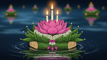 Floating lotus flower with candles on water serene peaceful illustration for meditation and relaxation purposes with calm and soothing and spiritual