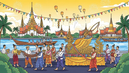 Vibrant procession of people carrying a golden decorated float along a riverbank with traditional thai architecture and boats in the background, festive atmosphere