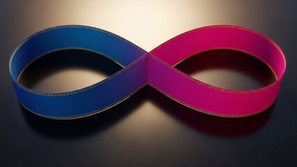 Infinity symbol made from blue and pink ribbon tape intertwined on dark background with gradient lighting with symbolism and eternity and graphic design