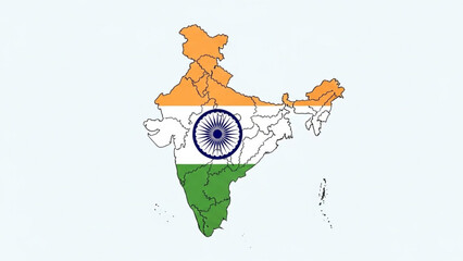 Map of india with indian flag colors and ashoka chakra emblem overlay on white background, india map illustration with national symbol and country map