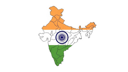 Map of india with indian flag colors and ashoka chakra symbol overlaid on white background, patriotic illustration for national identity and cultural heritage
