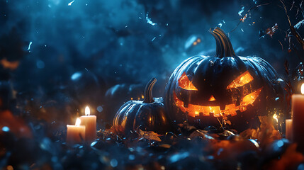 Glowing jack o lanterns and candles in a spooky halloween night