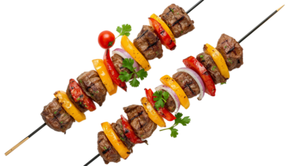 Appetizing grilled beef and vibrant vegetable skewers, featuring succulent meat, colorful bell peppers, and fresh onions, presented with enticing clarity on a clean white background