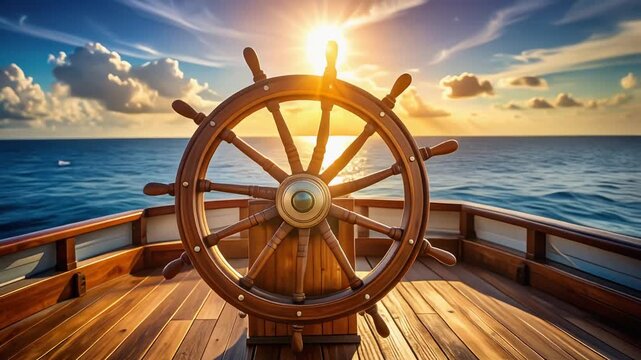 青い海を前に据えられた船の舵輪が航海と冒険を象徴する爽やかな情景