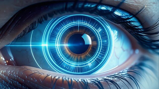 青く発光する瞳のクローズアップが高度技術社会を暗示する表現
