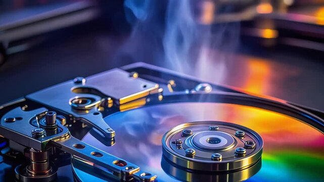 精密なデータ記録装置が光彩を帯びる近未来的テクノロジー表現
