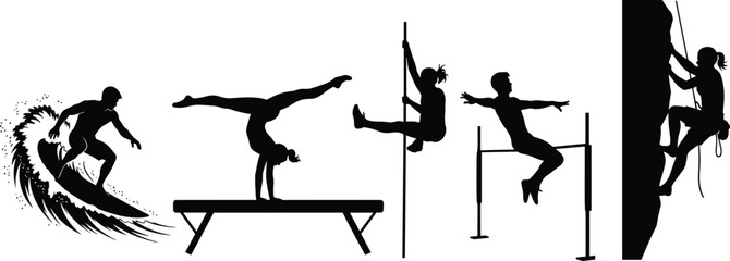 Silhouettes of athletes performing extreme and gymnastics sports activities, representing strength, balance, agility, endurance, fitness training, athletic performance concept