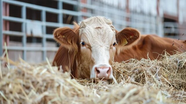 Curious hereford cow chewing hay in barn