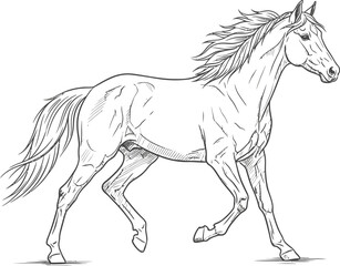 Elegant line art drawing of a powerful horse in motion against white background