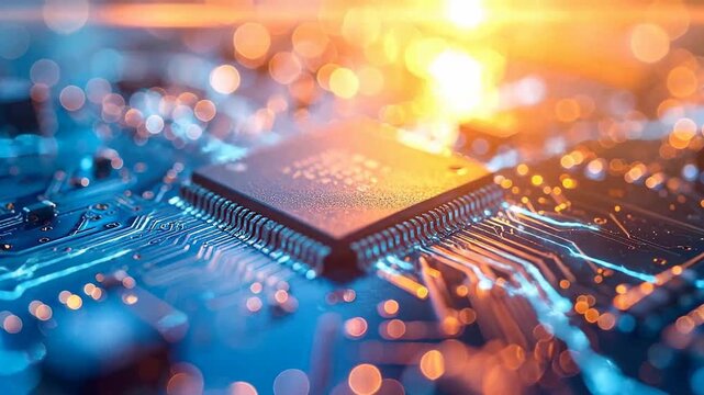 Closeup of a computer chip on a circuit board with glowing lights.