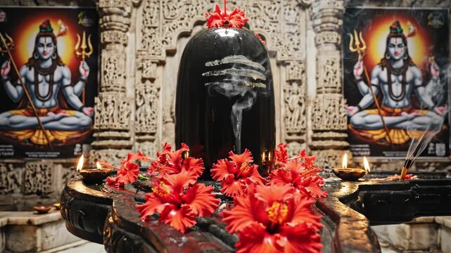 Hindu temple shrine with a large black shiva linga and red flowers and posters on the wall and lit candles