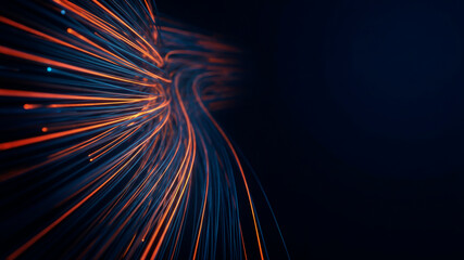 Glowing fiber optic network transmitting digital data stream