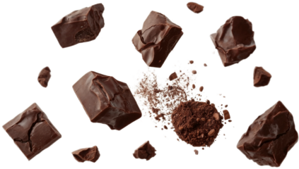 Delicious chocolate chunks and cocoa powder scattering in mid-air, captured in a high-resolution dynamic photograph