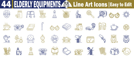 Elderly equipment line art icons set for geriatric care mobility aid nursing home services and senior lifestyle Vector Illustration.