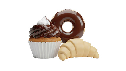 Chocolate cupcake, donut, and croissant