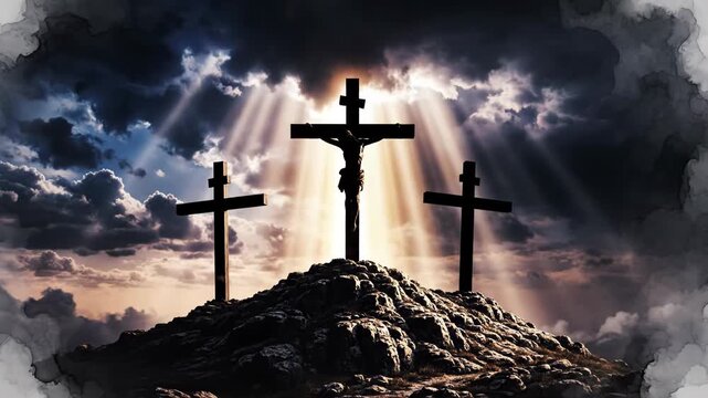 Three crosses on a rocky hill with sunbeams shining through clouds